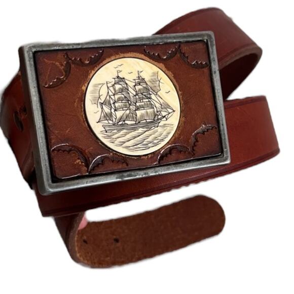 Vintage Scrimshaw Leather and Brass Belt Buckle Sailboat Clipper Ship 36” Belt - Picture 1 of 8